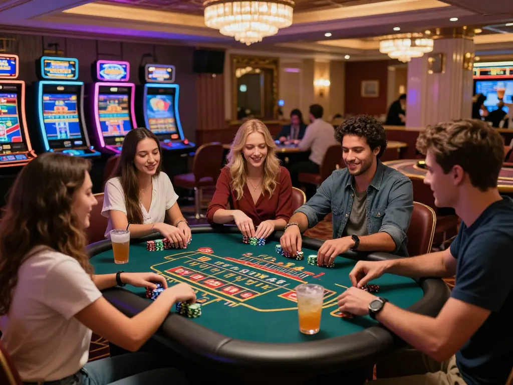 Exciting gameplay at independent casinos not on gamstop with friends enjoying a night of gaming at a luxurious venue.