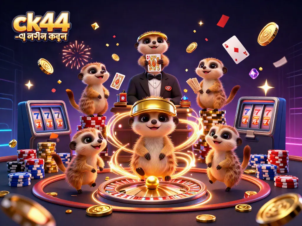 Experience ck44 -এ লগইন করুন with meerkats managing a vibrant casino in this colorful 3D illustration.