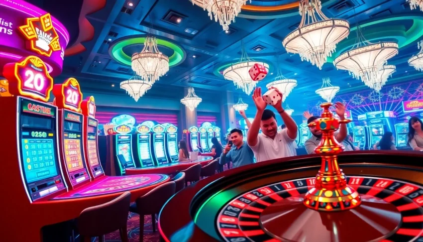 Exciting casino scene featuring KJC AC 3 with roulette wheels, poker chips, and vibrant slot machines.
