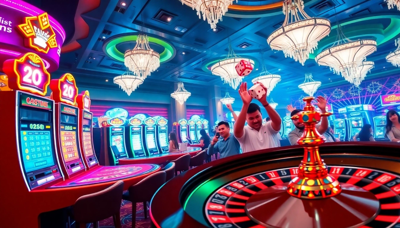 Exciting casino scene featuring KJC AC 3 with roulette wheels, poker chips, and vibrant slot machines.