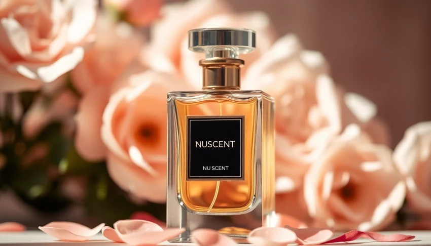 Showcase NU Scent Premium Dupes Keywords with an elegant perfume bottle design, evoking luxury and accessibility.