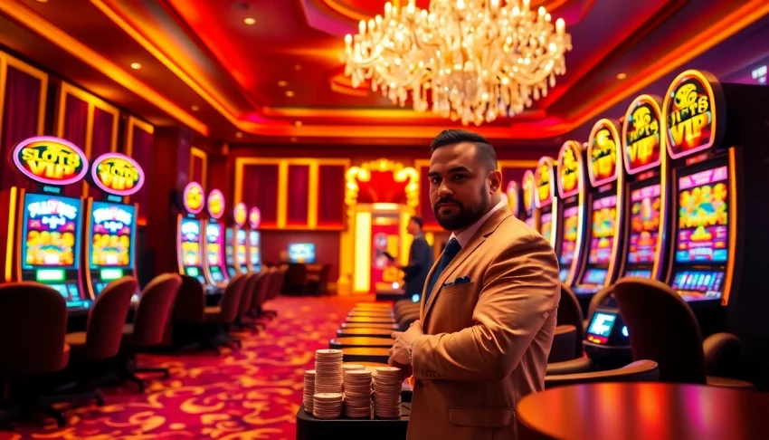 Experience the excitement of Slots8 Vip at a luxurious casino, with vibrant slot machines and chips.