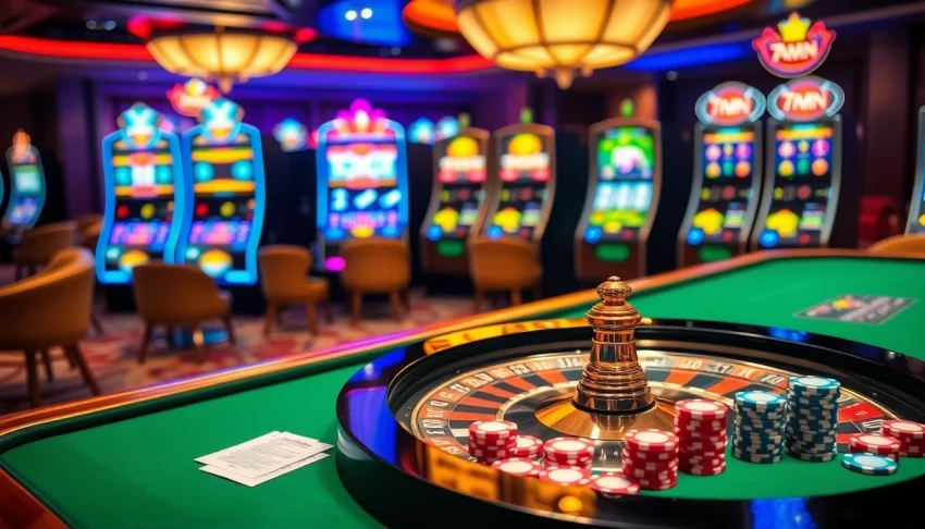 Experience the thrill of casino gaming at 7mcn with vibrant roulette and colorful poker chips.