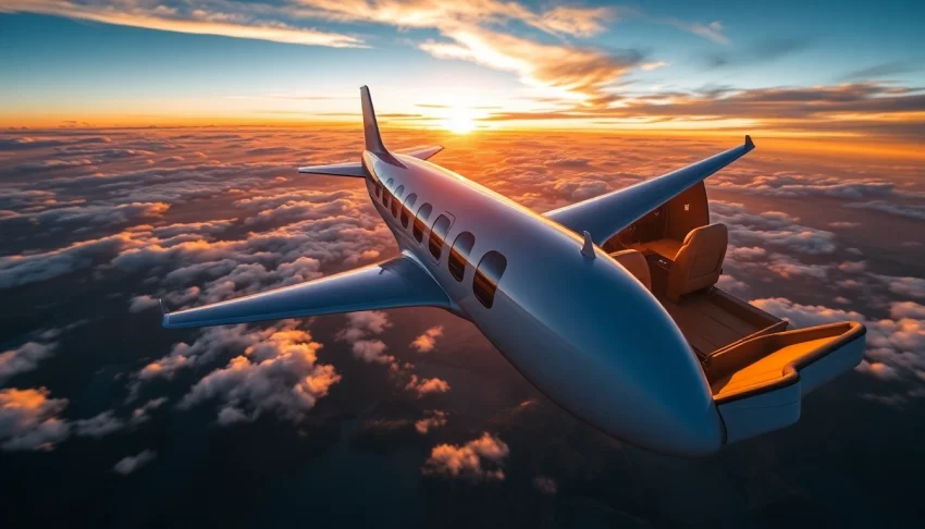 Fly 88 private jet soaring over a stunning sunset landscape.