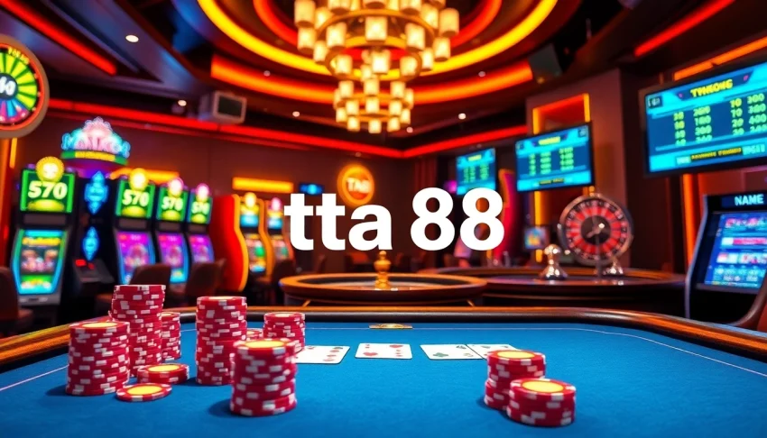 A stunning capture of TA88 online gambling excitement with poker chips, cards, and a vibrant casino scene.