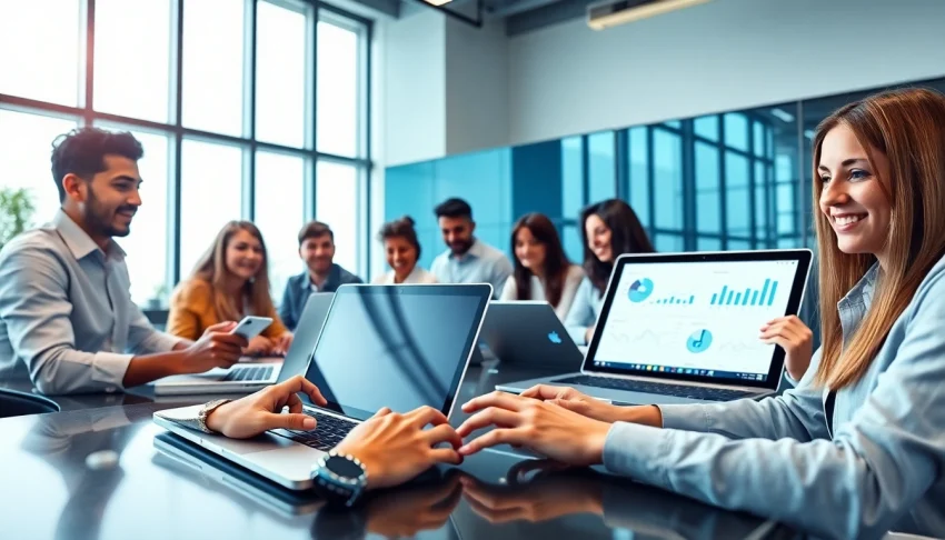 Logo J HR software enhancing human resource management in a modern office setup.