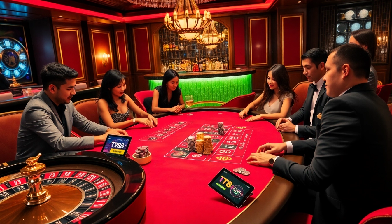 Engage with thrilling gaming at TT88 casino featuring elegant tables and exciting player interactions.