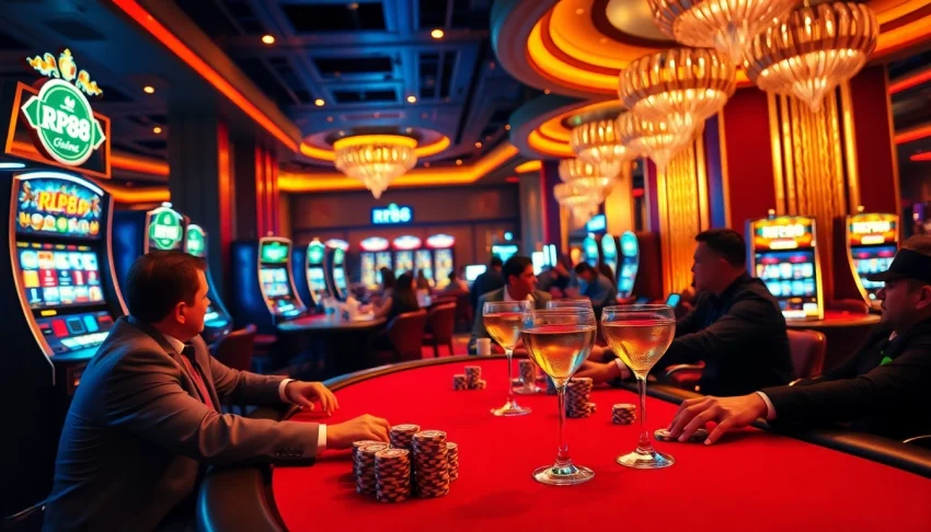 rr88 luxury casino environment with vibrant tables and slot machines