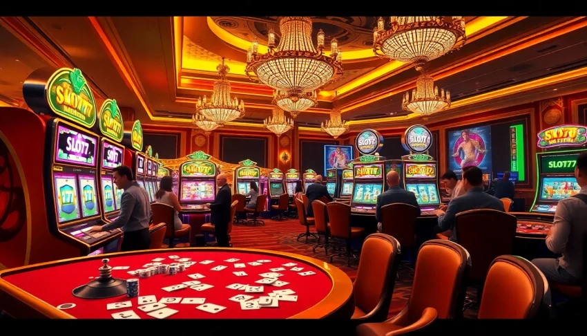 Engaged players enjoying the excitement of Slot777 casino machines amid a luxurious atmosphere.