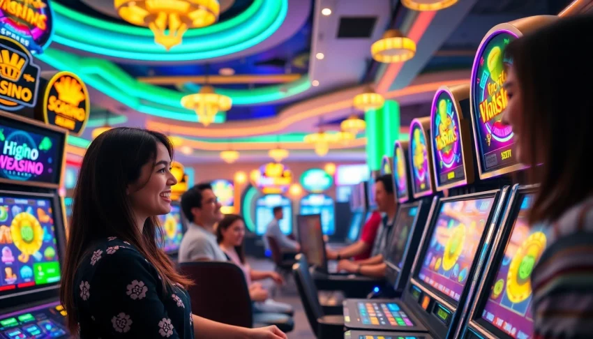 Engaging scene of players enjoying slot machines at hoki138 pro online casino with vibrant colors and neon lights.