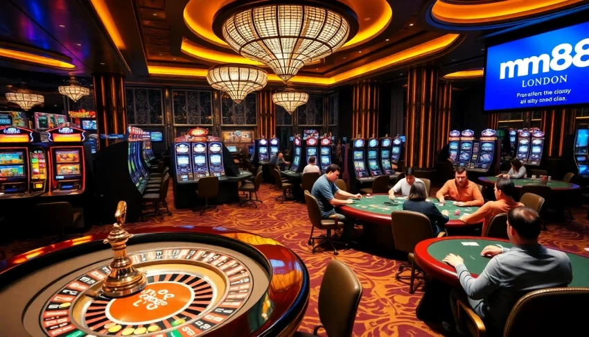 Exciting gameplay scene at mm88 london casino with roulette and poker tables.