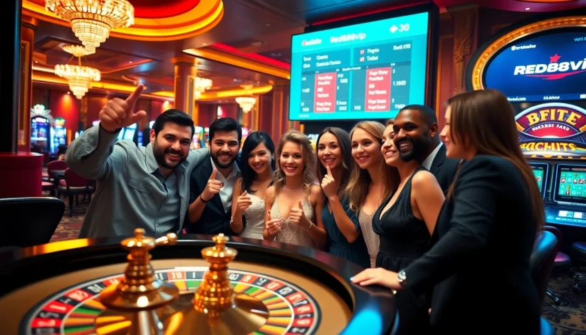 Gamblers celebrating a win at red88vip casino with vibrant gaming elements.
