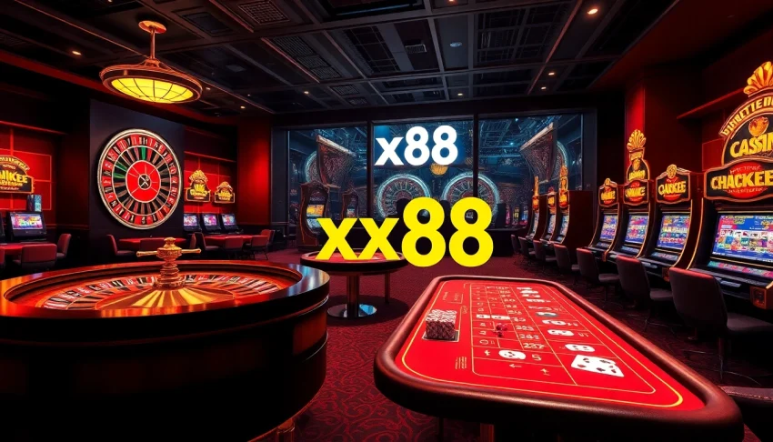 Experience the excitement of xx88 with vibrant casino gaming tables, slot machines, and poker chips.