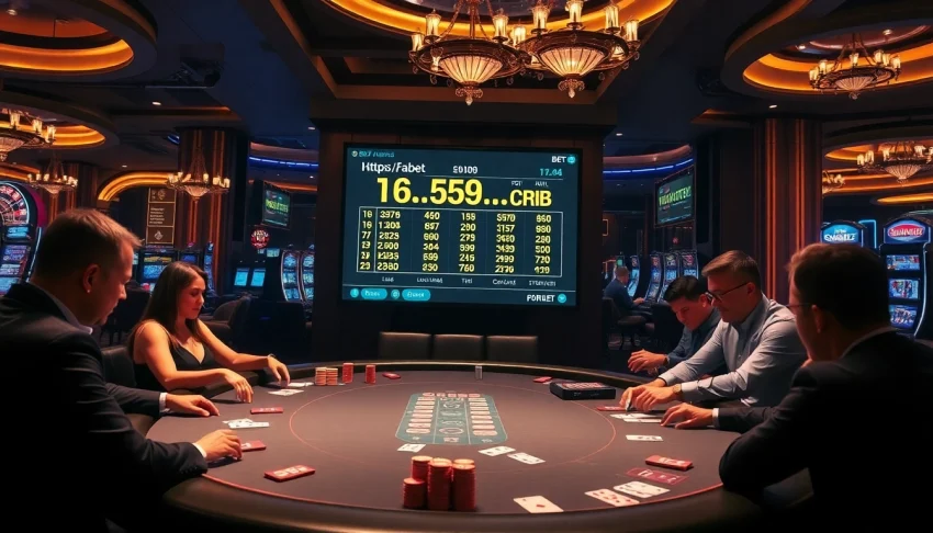 Players enjoying high-stakes poker at https://fabet.free/ in a luxurious casino.