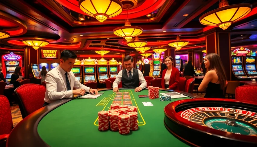 Players enjoying a thrilling game at a blackjack table inspired by https://hb88.jp.net/, with vibrant casino elements.