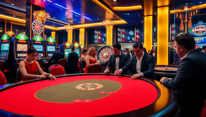 Experience the thrill of gaming at 78winbiz.com with a luxurious casino scene, featuring poker tables and slot machines.