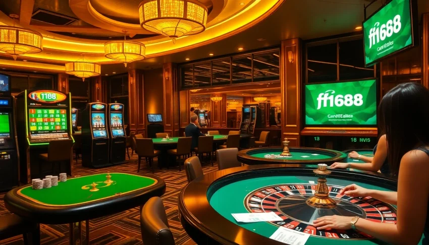 Experience excitement at F168's casino scene featuring slot machines and poker tables.