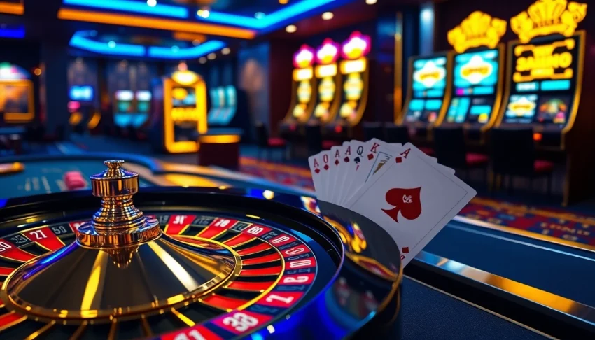 Gambling scene at Jun88 with roulette wheel, playing cards, and vibrant slot machines.