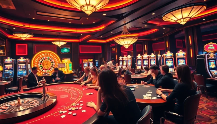 Gamblers enjoying high-stakes excitement at https://f8bet11.net/ with poker tables and slot machines.