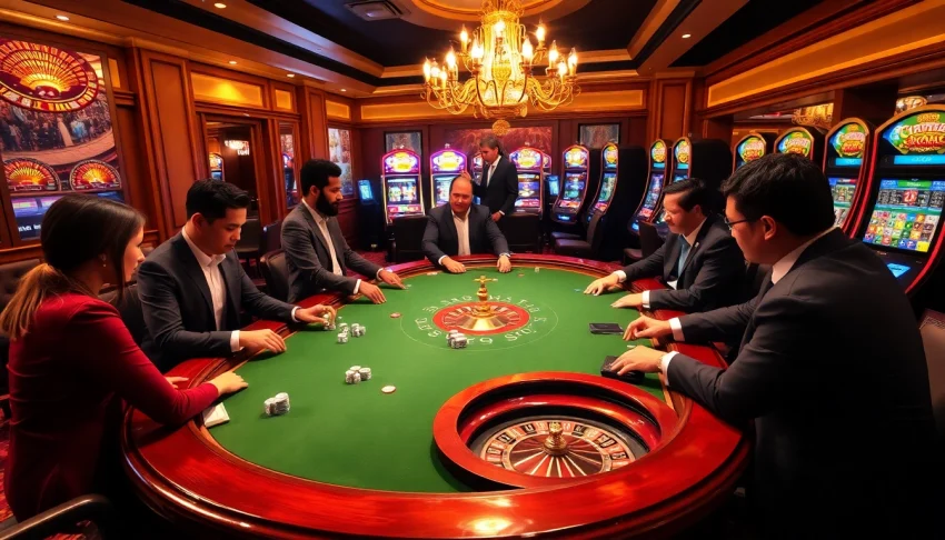 Experience the excitement of 2PH222 Vip gaming with vibrant casino visuals featuring poker tables and roulette wheels.