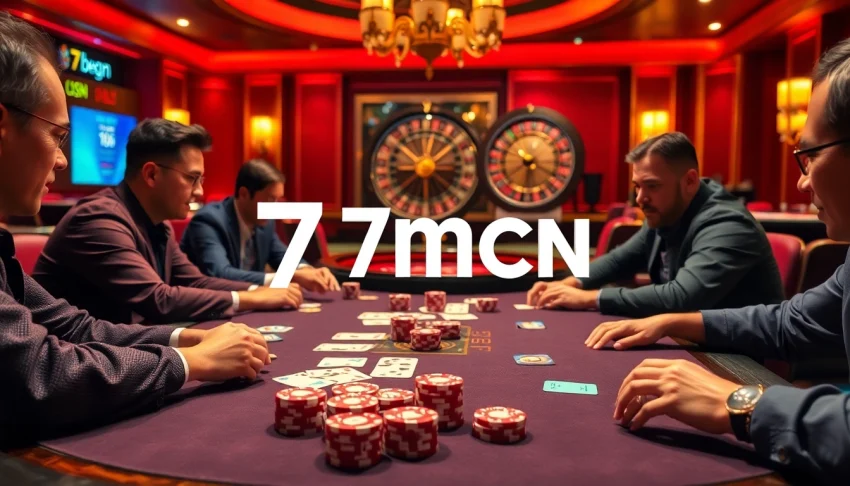 Engaged players at a poker table with vibrant elements showcasing 7mcn casino excitement.