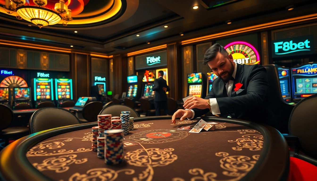 Experience thrilling gameplay at F8bet's luxurious poker tables with vibrant casino atmosphere.