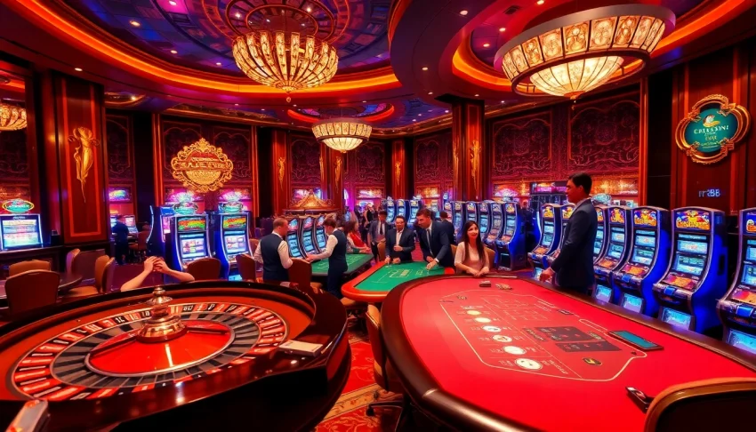 Excited players engaging in gambling activities at rr88's luxurious casino environment.
