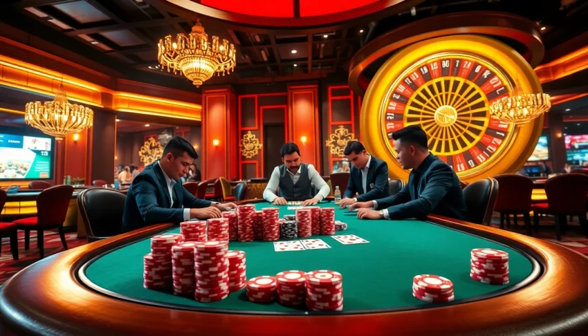 Players engaging in a high-stakes poker game at mm88 london, surrounded by vibrant casino elements.