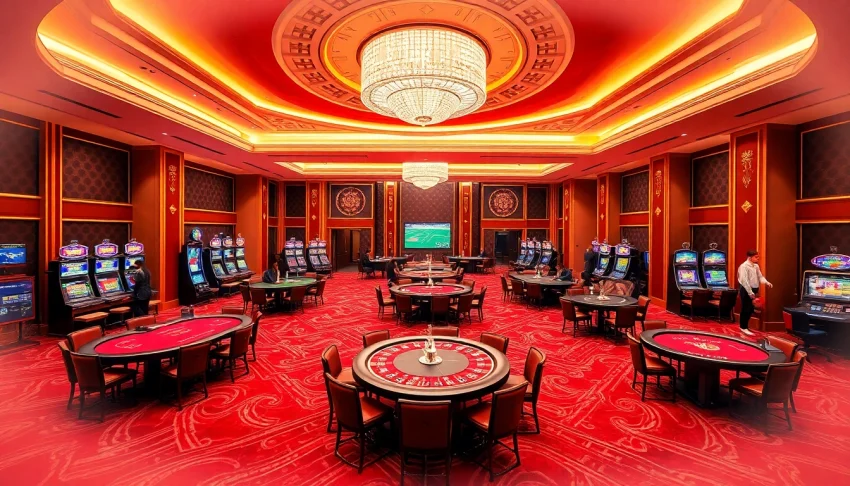 Exciting gaming scene at nhà cái fly88, featuring poker tables and slot machines in a luxurious casino.
