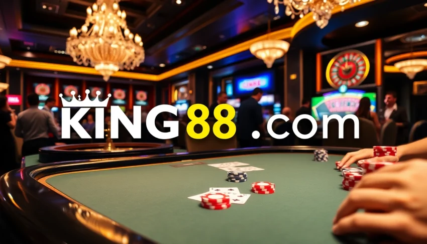 Engage in thrilling gameplay at King88 com with exciting poker chips and vibrant casino tables.