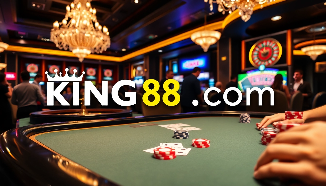 Engage in thrilling gameplay at King88 com with exciting poker chips and vibrant casino tables.