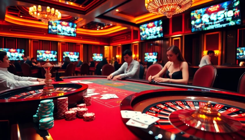 Experience high-stakes betting at nhà cái hz88 with an exciting casino scene featuring poker chips and a roulette wheel.