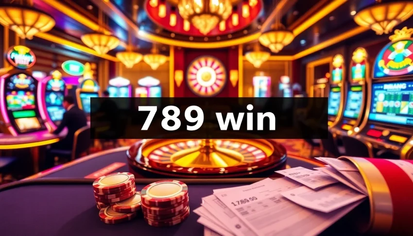 Experience the thrill of 789 win with dynamic casino visuals showcasing poker, slots, and roulette.