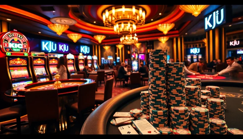 KJC brand poker chips stacked in a vibrant casino environment, showcasing excitement and luxury.