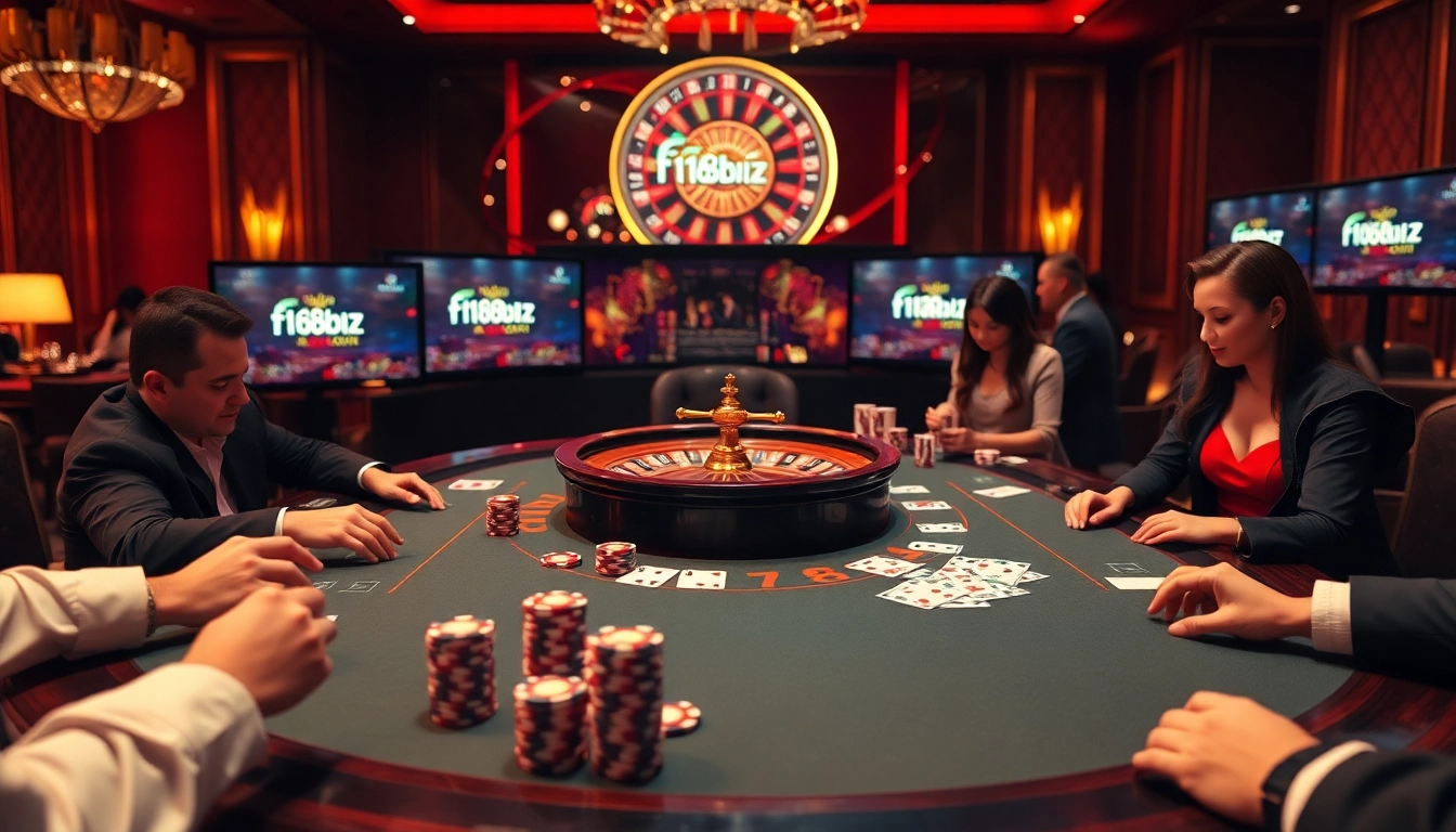 Excited players strategizing at the f168biz.com poker table in a vibrant casino setting.