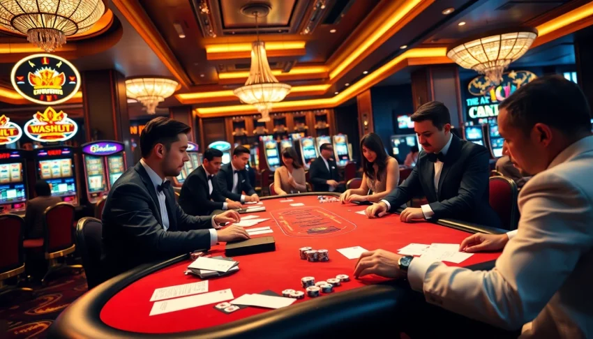Players engage in thrilling poker games at https://789b.win/, surrounded by luxurious casino elements.