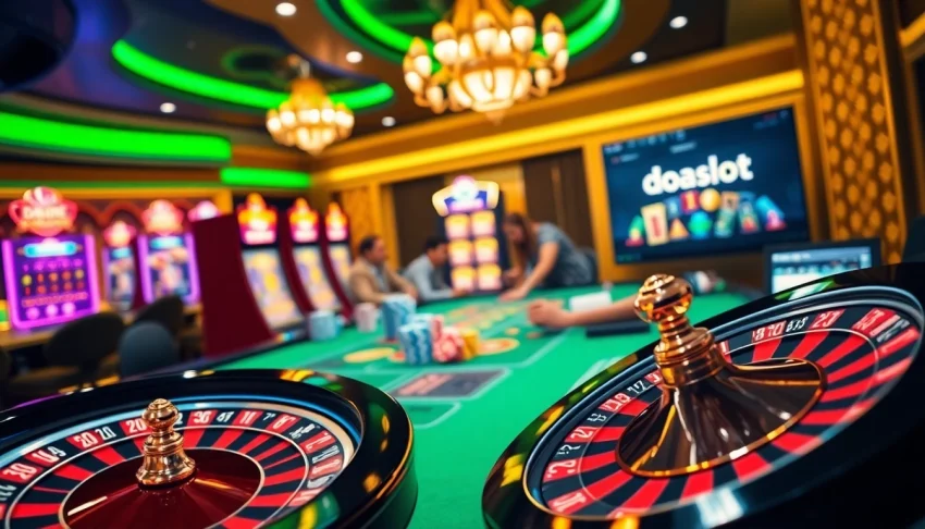 Experience the excitement of gambling at doaslot login with colorful slot machines and poker chips.