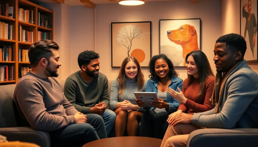 Adults engaging with an AI chatbot in a cozy setting, exploring sex AI interactions.