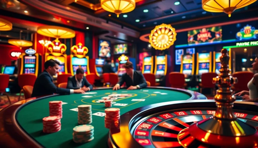 Experience thrilling gaming action at https://kjc.pizza/ featuring a luxury casino scene with poker tables and slot machines.