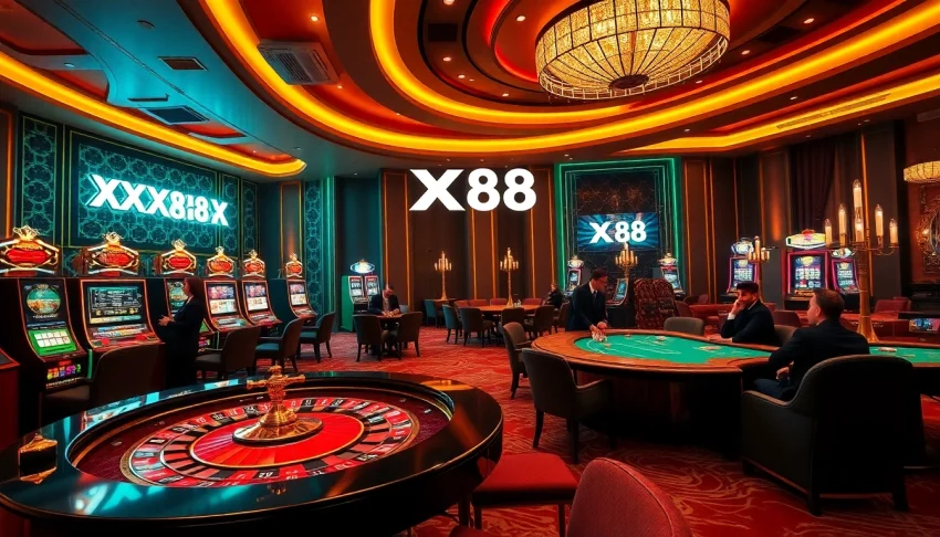 Experience the thrill of gaming at XX88 casino with colorful tables and vibrant slot machines.