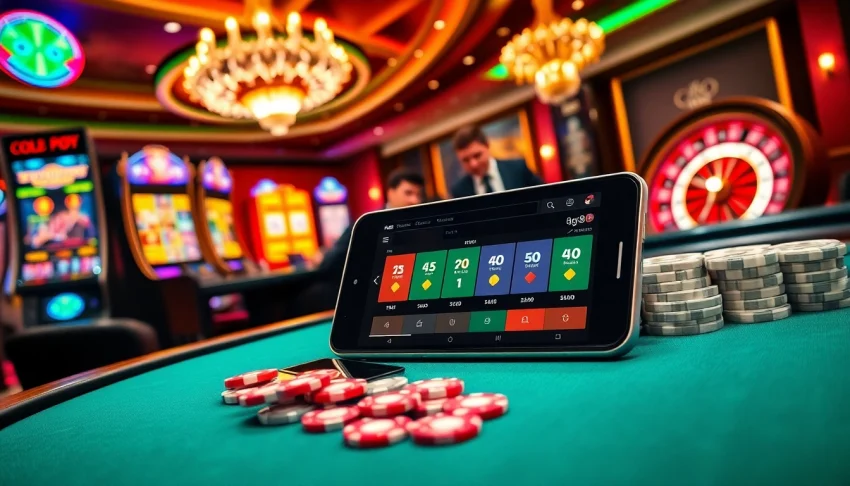 Experience the thrill of gaming at https://go8.bz/ with a vibrant casino scene showcasing poker and slot machines.