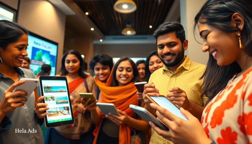 Engaging scene showcasing users browsing Hela Ads on devices in a modern Sri Lankan classified ad environment.