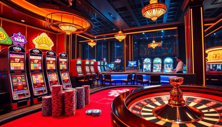 Players enjoying live poker at tk88 casino with vibrant slot machines and roulette wheel.