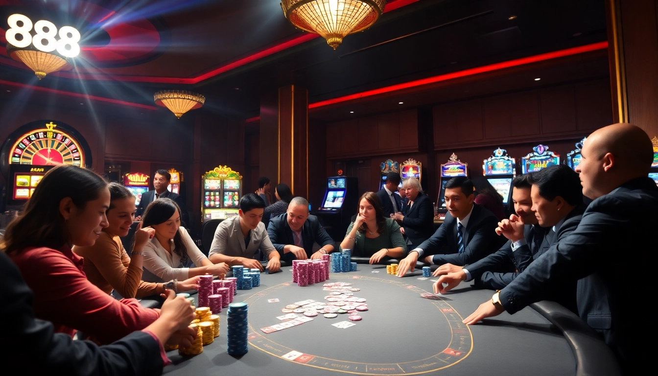 Enthusiastic players engaging in high-stakes poker at a vibrant casino featuring 888b.