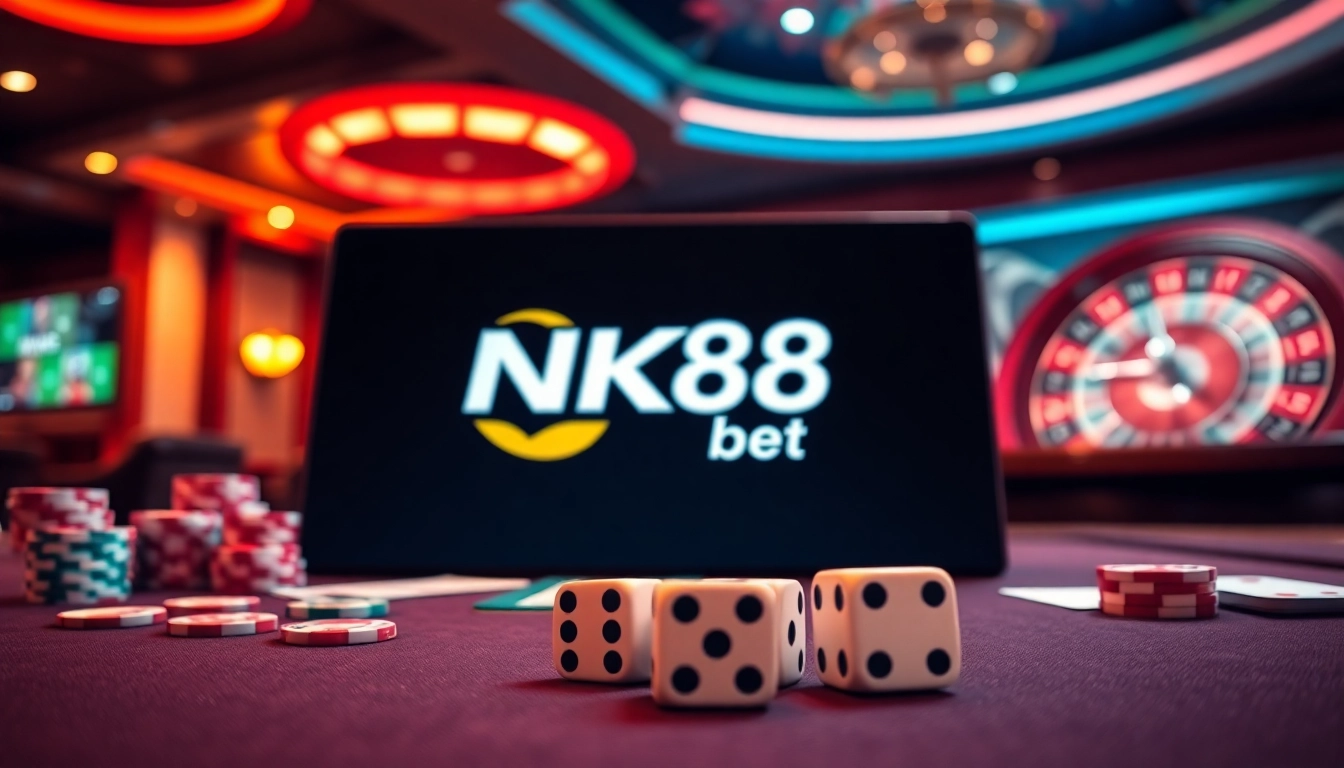 Experience the thrill of NK88 bet with vibrant casino visuals featuring cards and roulette.