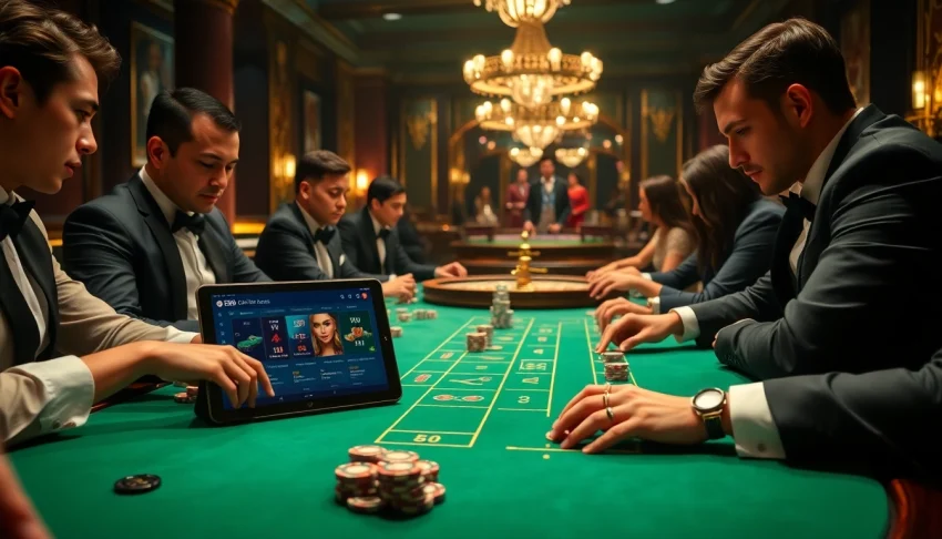 Engaged players at a luxurious casino table enjoying games at nhà cái FLY88.