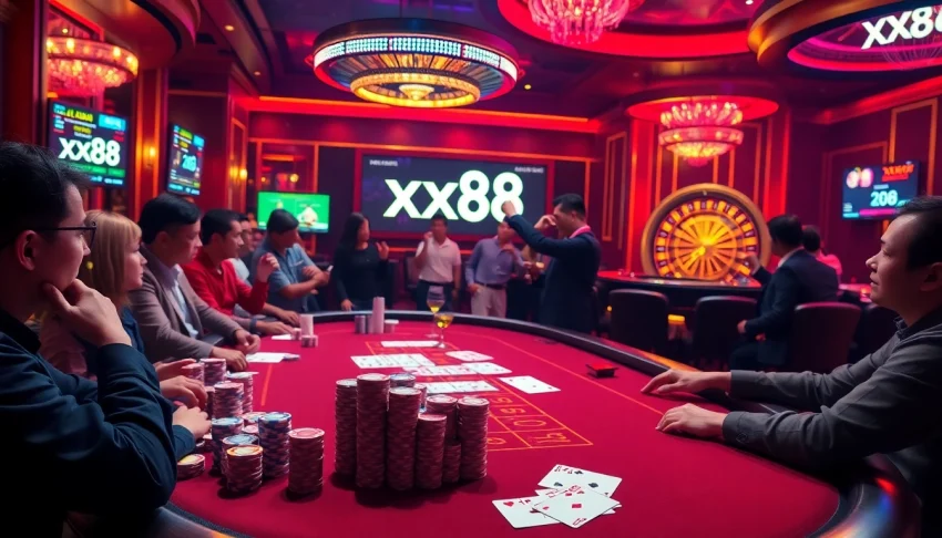 Players engaged in a thrilling poker game at a luxury casino table featuring xx88 chips and cards.