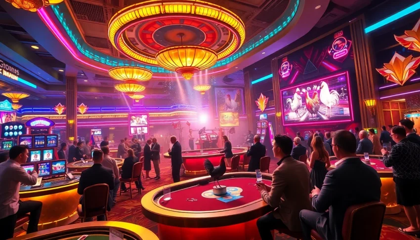 Exciting betting scene at the Nhà cái đá gà arena with thrilling action and engaged gamblers.