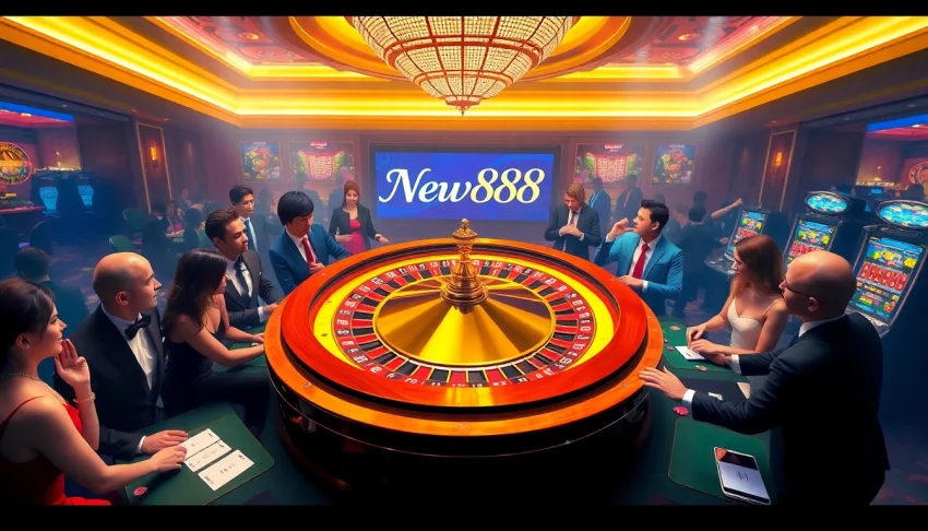 Excited players at a luxury casino showcasing New888 betting activities with roulette and poker tables.
