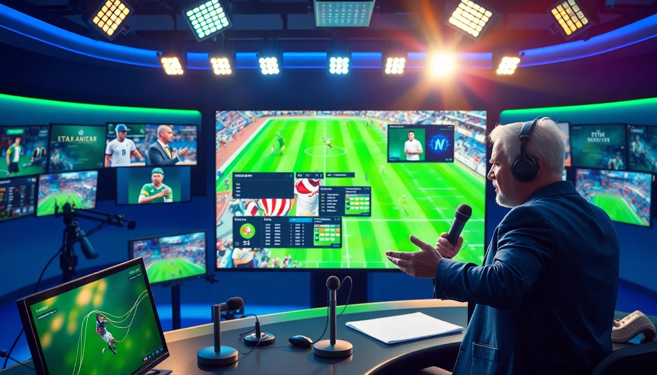 Engaging sports broadcasting scene with hosts in a vibrant studio setting showcasing live sports events.